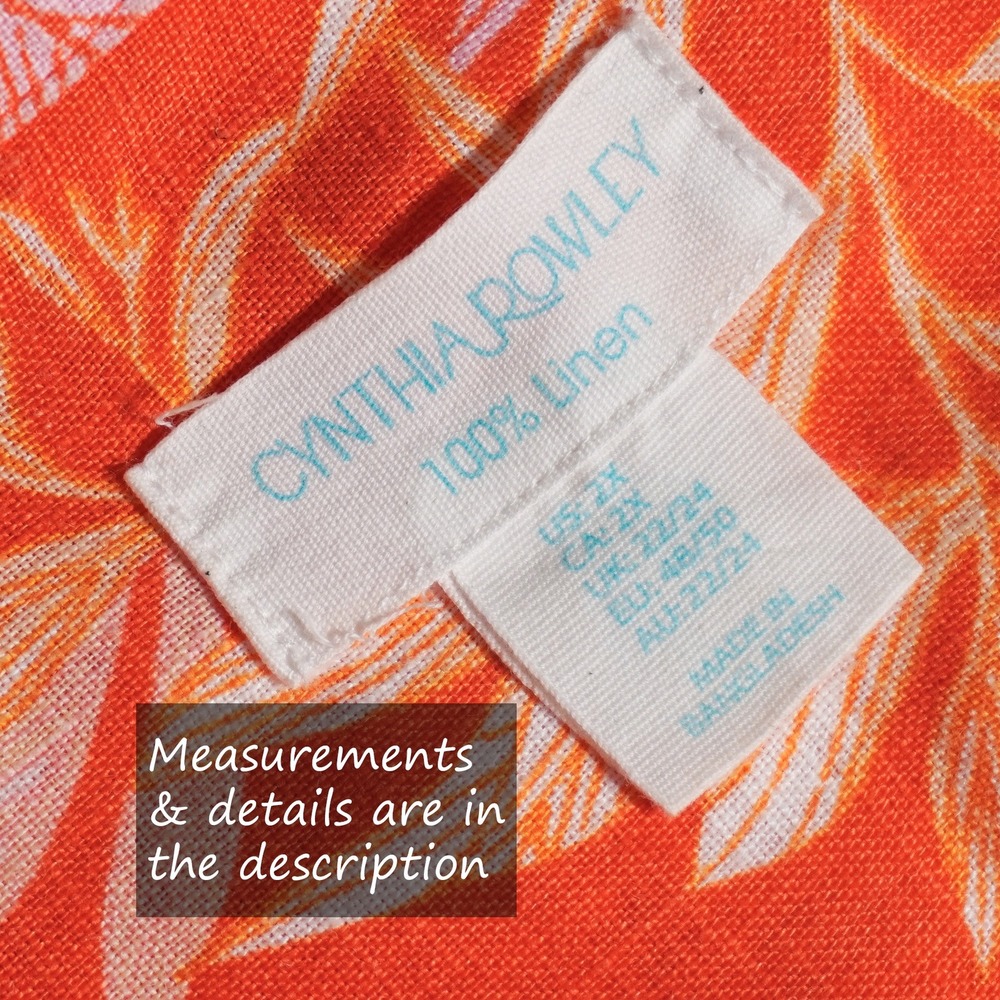 Cynthia Rowley 100% Linen Button Down Shirt Orange Floral Blouse Plus 2X 3X - Picture 8 of 9